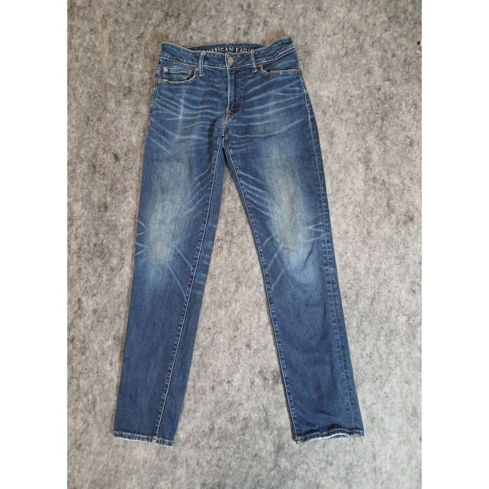 American Eagle Jeans Mens 28x32* Blue Slim Straight Denim Whiskered Fade Out